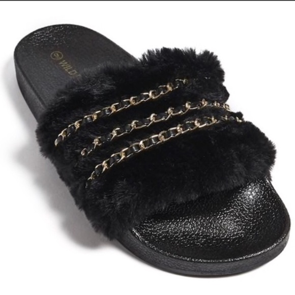 Wild Diva Fur Slide Gold Chain Sandals - Picture 1 of 6